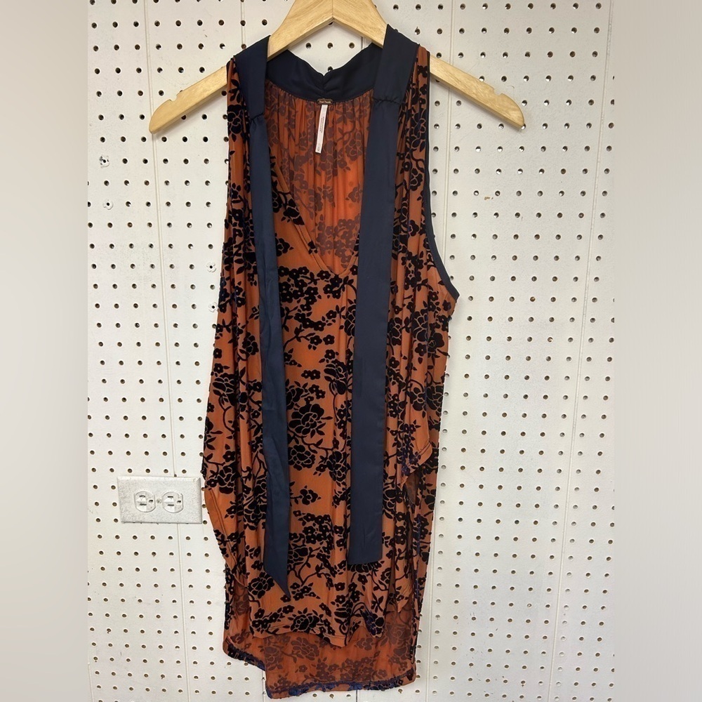 free people sleeveless tie neck tie blue velvet floral orange